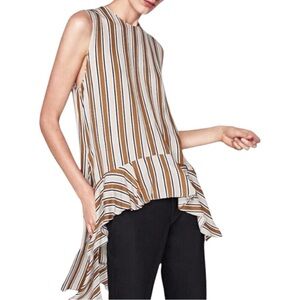 🌺 Zara Stripe Ruffle High Low Lightweight Tan Sleeveless Blouse Size S